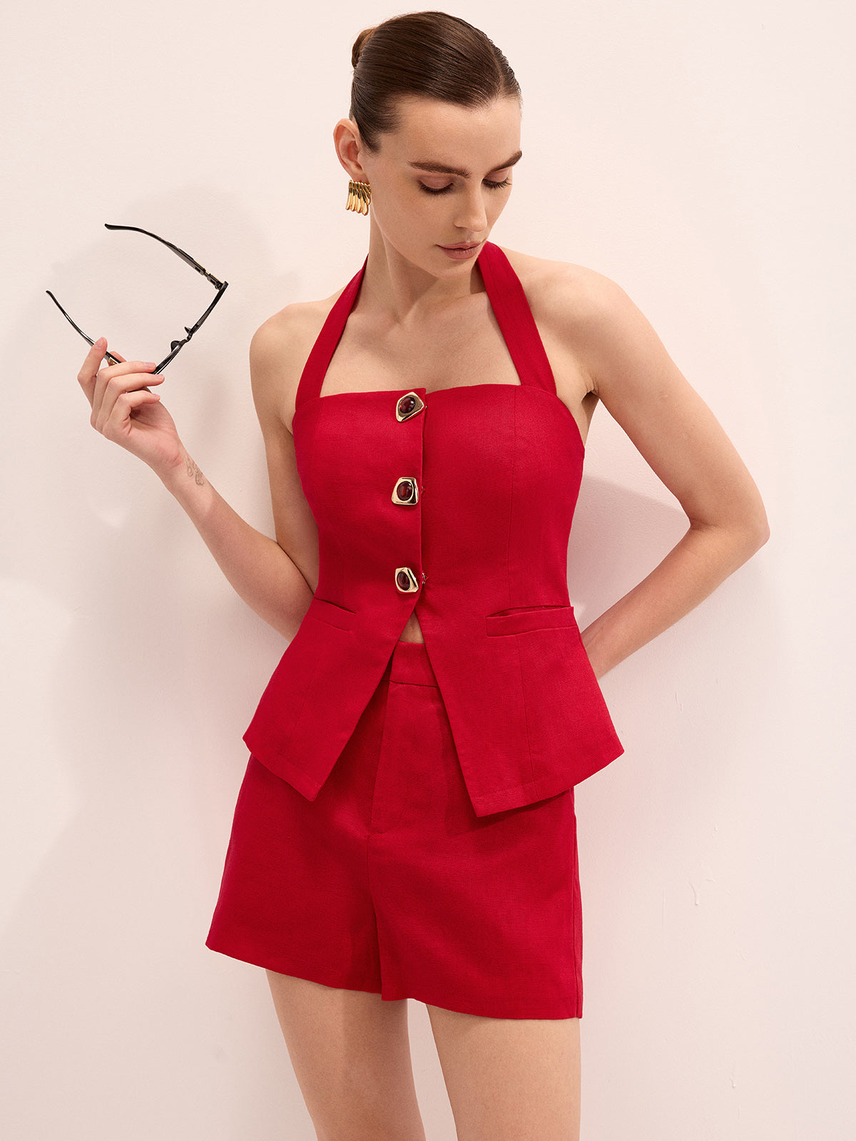 Ensemble short et haut dos nu en mélange de lin