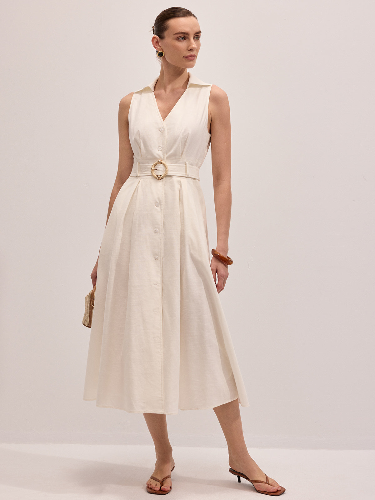 Cotton Linen Sleeveless Belted Midi Dress