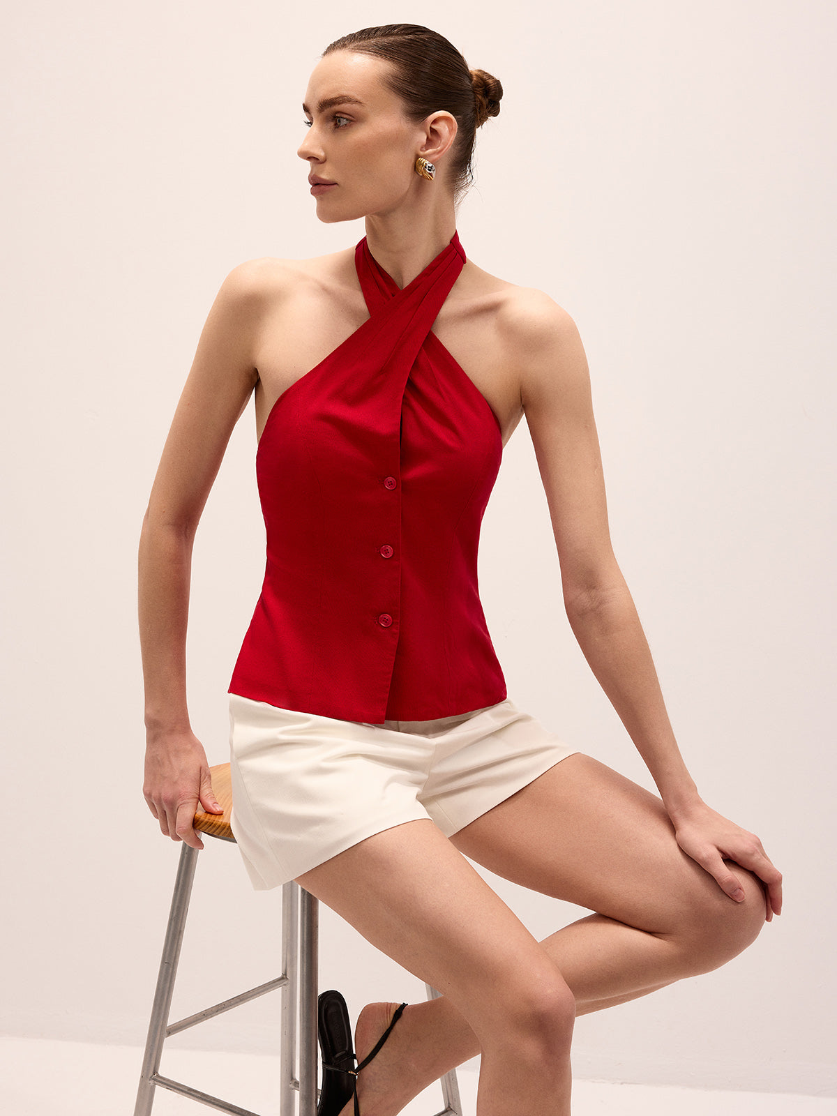 Leinenmischgewebe Neckholder-Top mit Überkreuzträgern