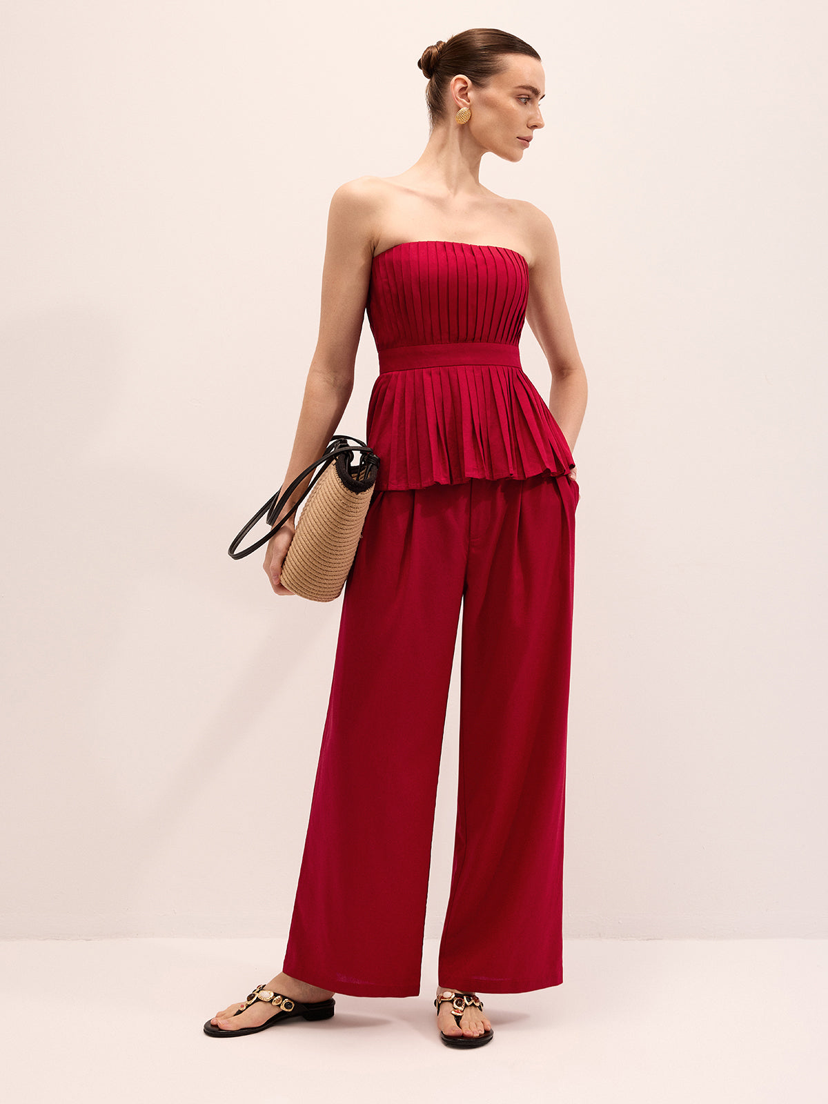 Strapless Pleated Linen Blend Top & Pants Set