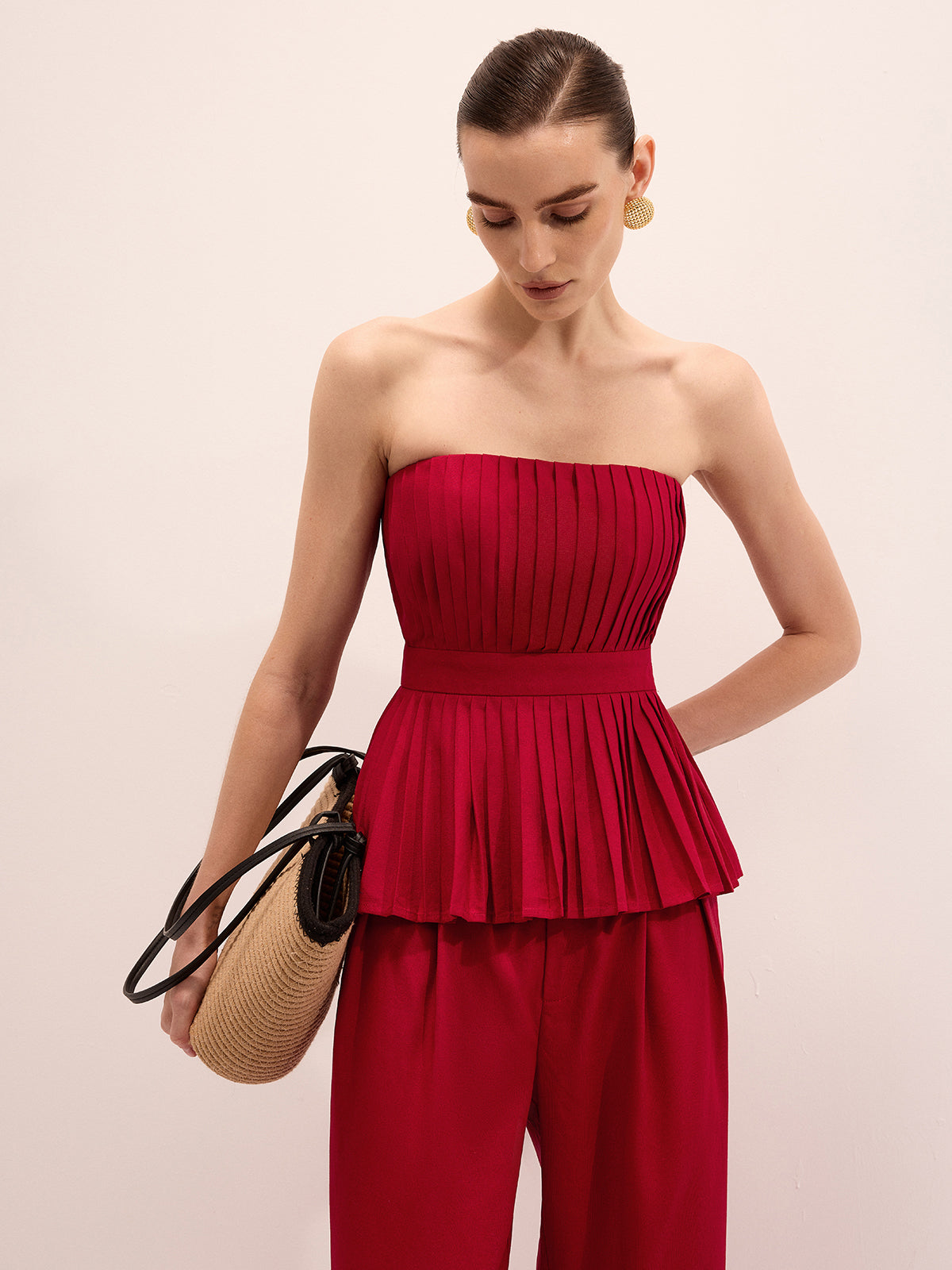 Strapless Pleated Linen Blend Top & Pants Set