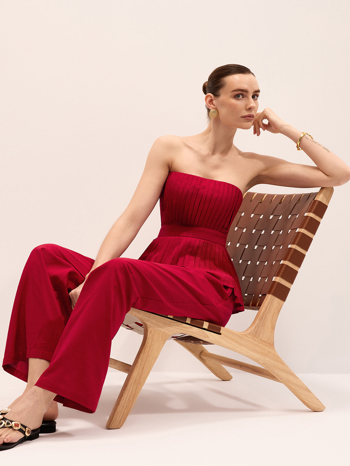 Strapless Pleated Linen Blend Top & Pants Set