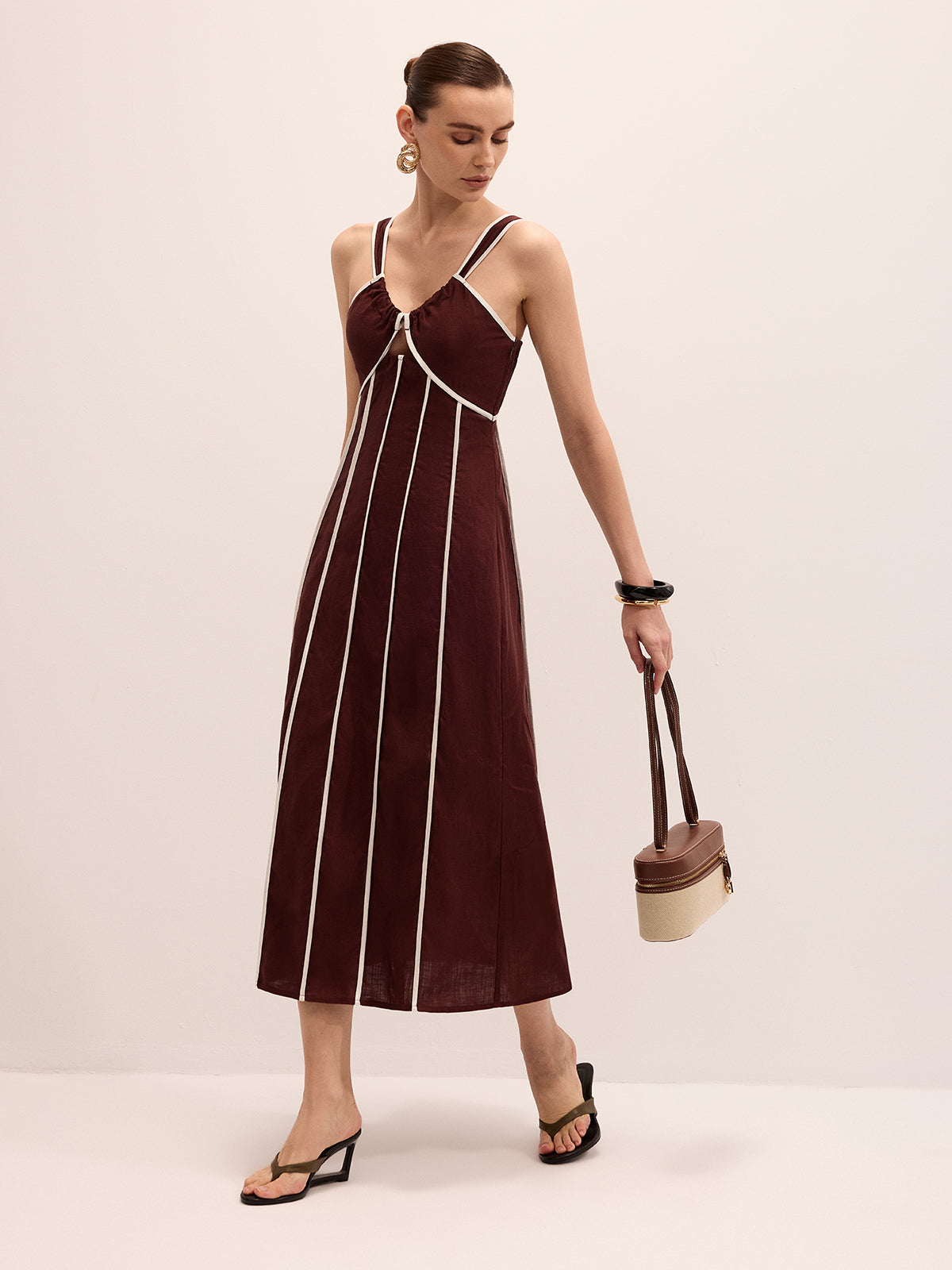 Linen Blend Striped Cami Midi Dress