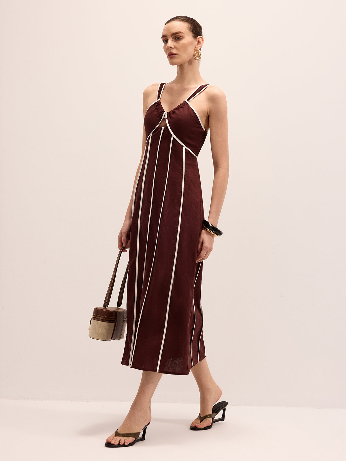 Linen Blend Striped Cami Midi Dress