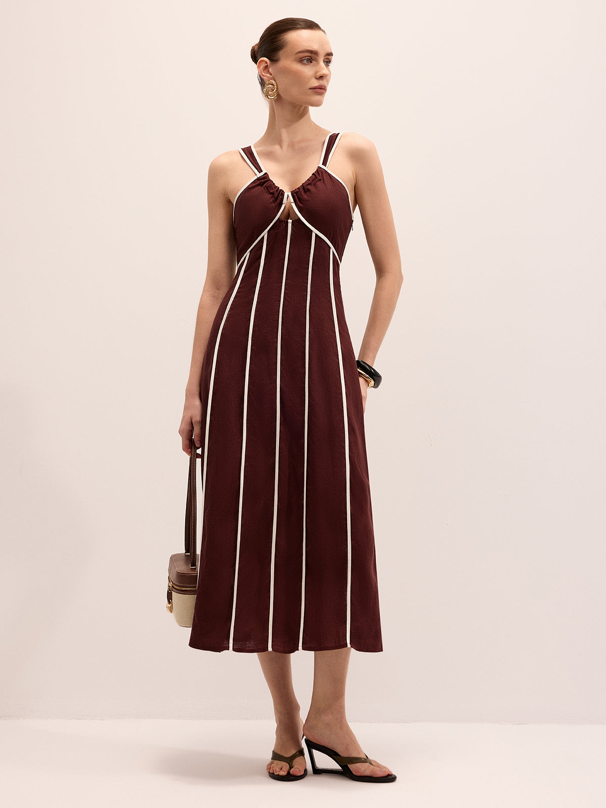 Linen Blend Striped Cami Midi Dress