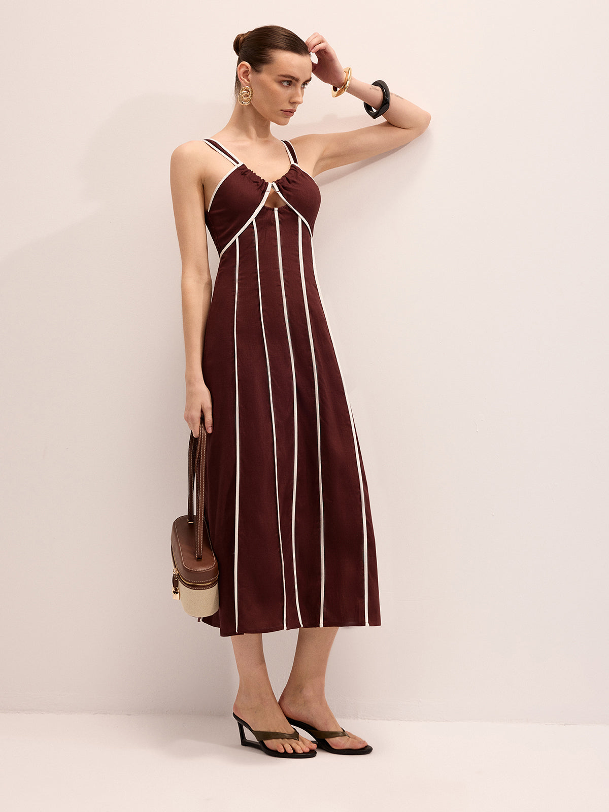 Linen Blend Striped Cami Midi Dress