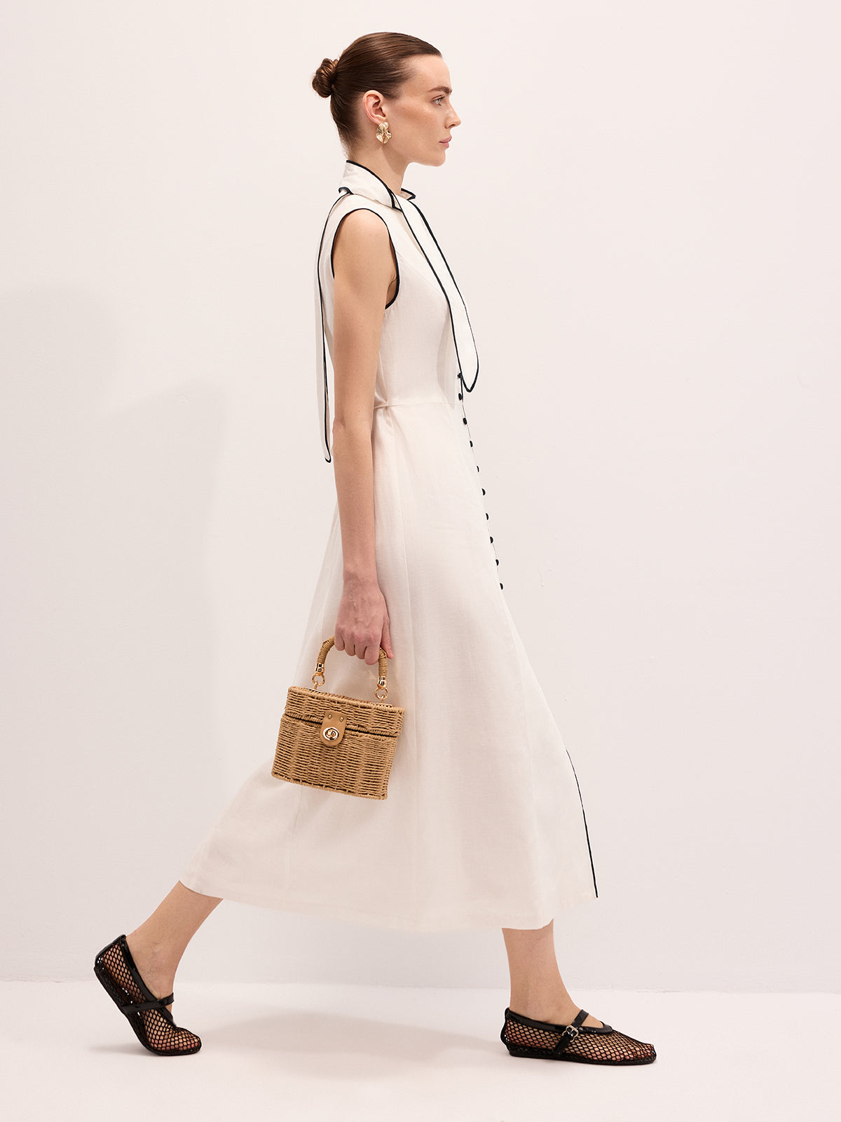 Linen Blend Contrast Piping Tie Neck Maxi Dress