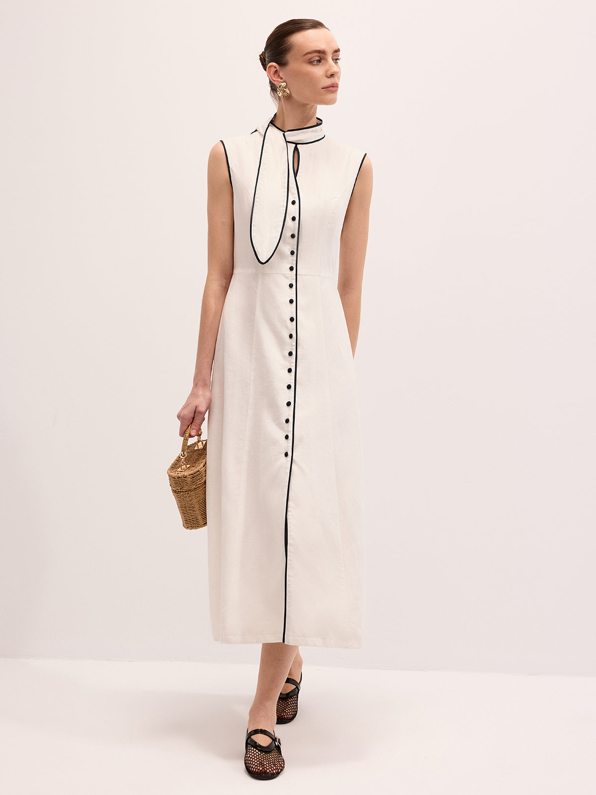 Linen Blend Contrast Piping Tie Neck Maxi Dress