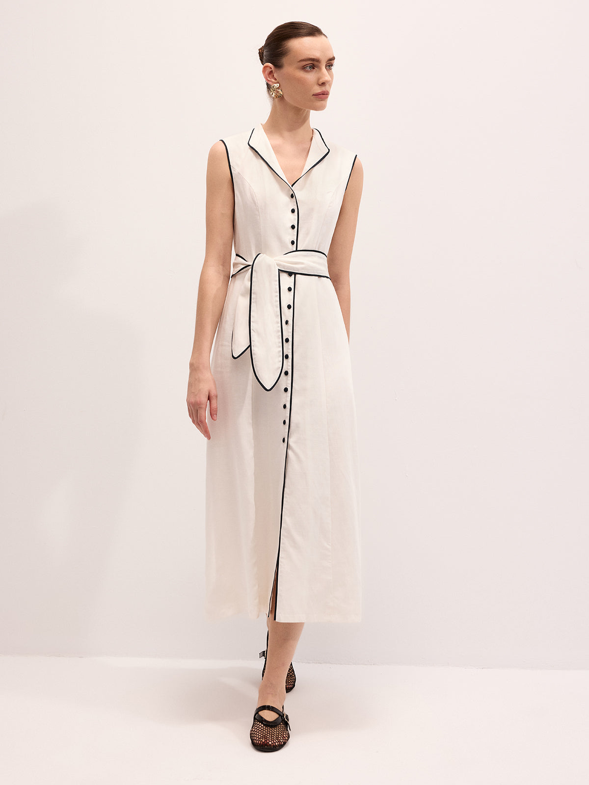 Linen Blend Contrast Piping Tie Neck Maxi Dress