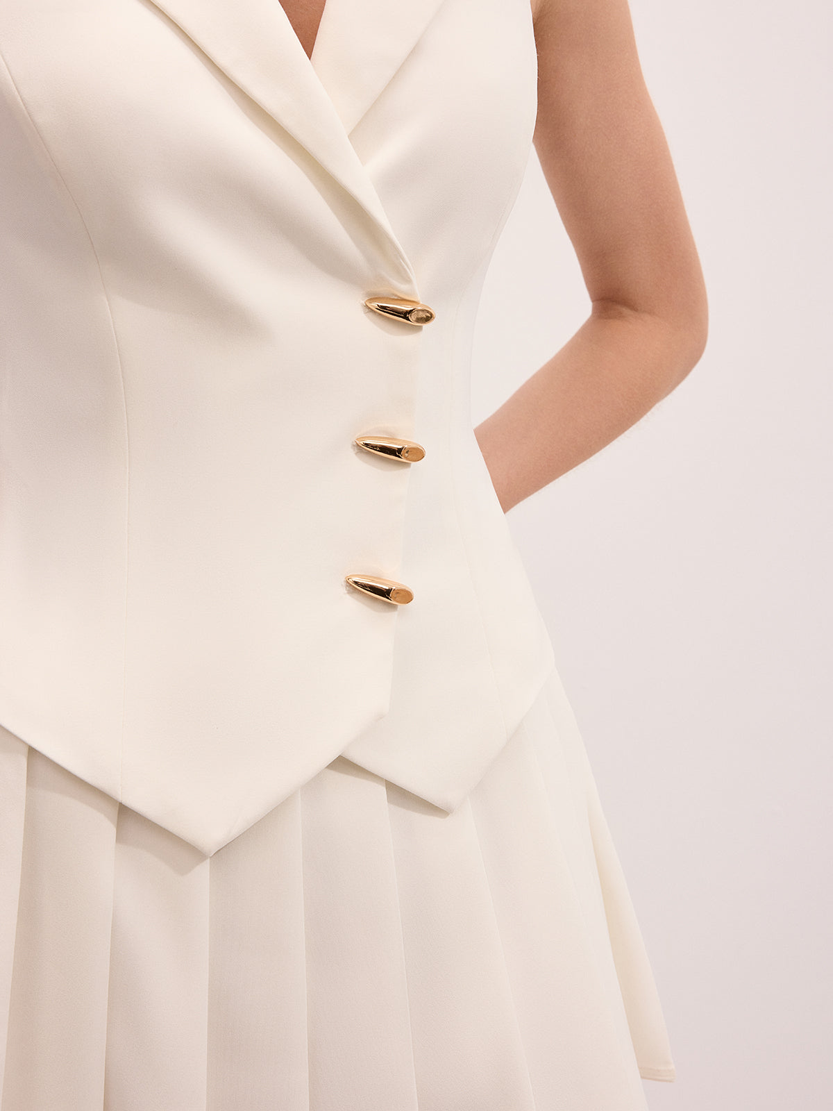 Metal Button Blazer Vest & Pleated Skirt Set