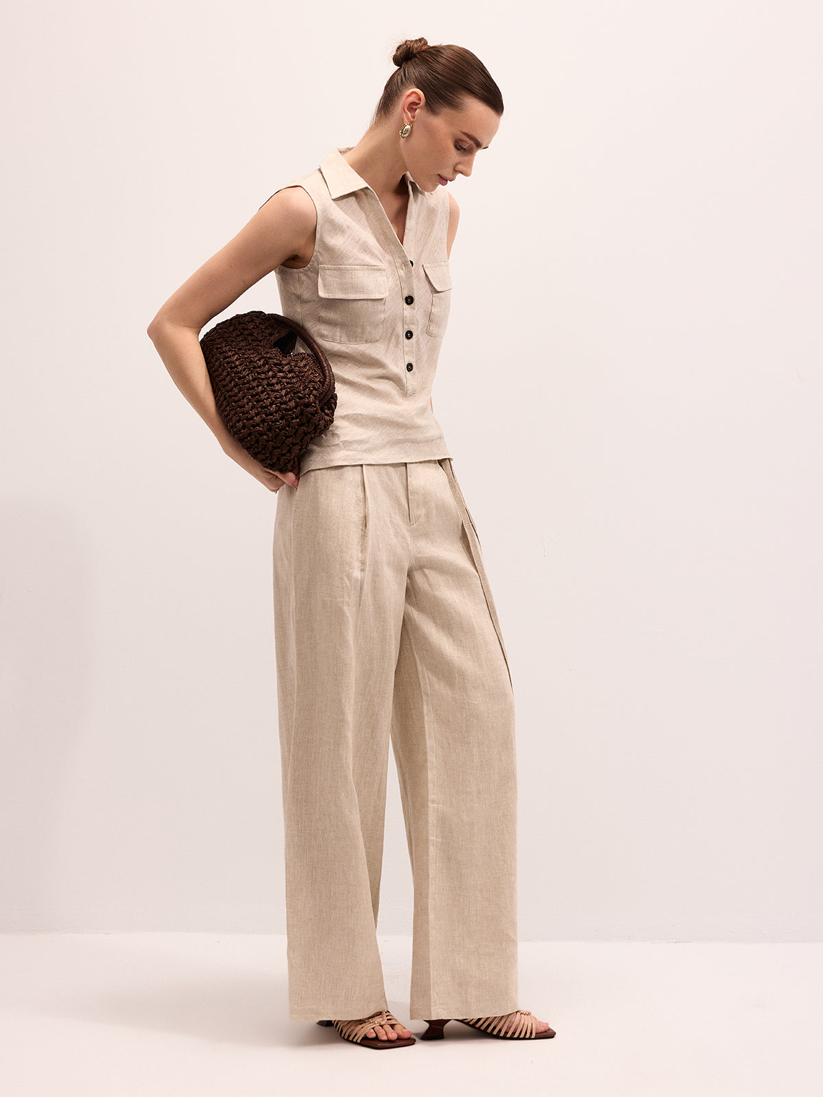 Linen Blend Sleeveless Shirt & Pants Set