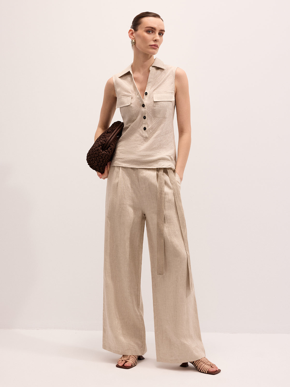 Linen Blend Sleeveless Shirt & Pants Set