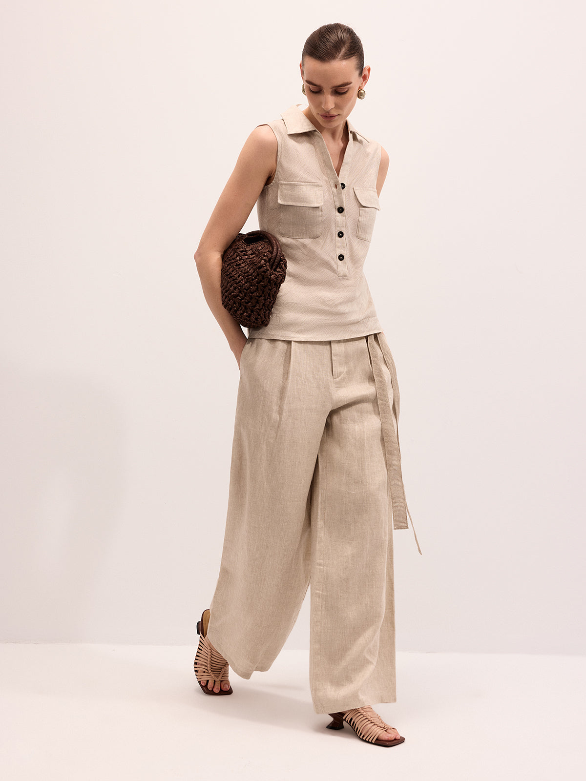 Linen Blend Sleeveless Shirt & Pants Set