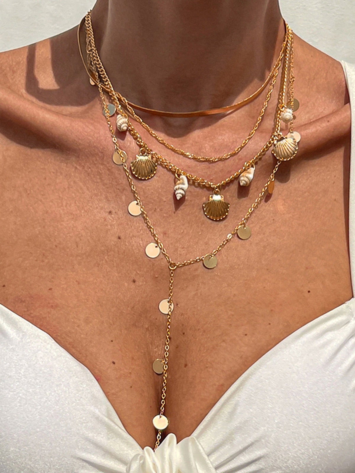 Multi Layer Seashell Disc Charm Necklace