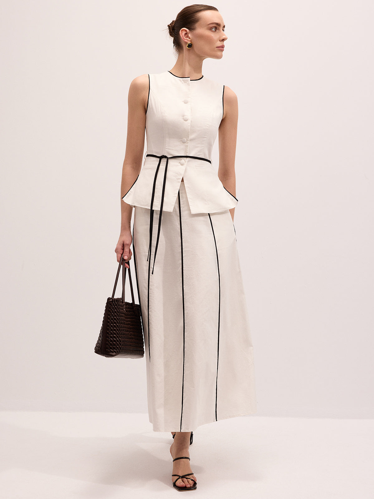 Cotton Linen Contrast Piping Top & Maxi Skirt Set