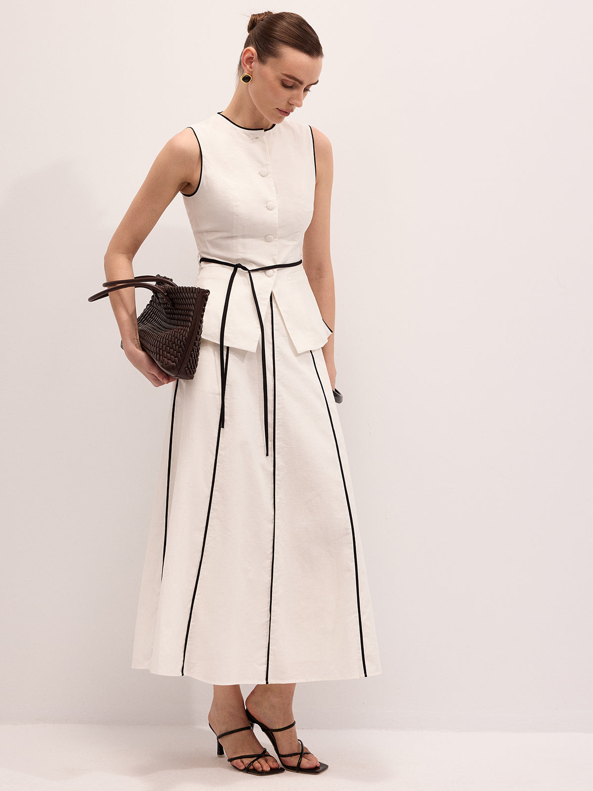 Cotton Linen Contrast Piping Top & Maxi Skirt Set