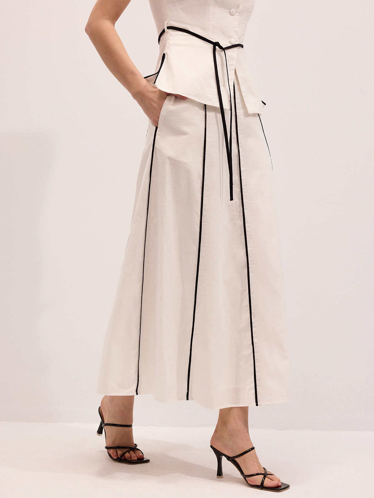 Cotton Linen Contrast Piping Top & Maxi Skirt Set