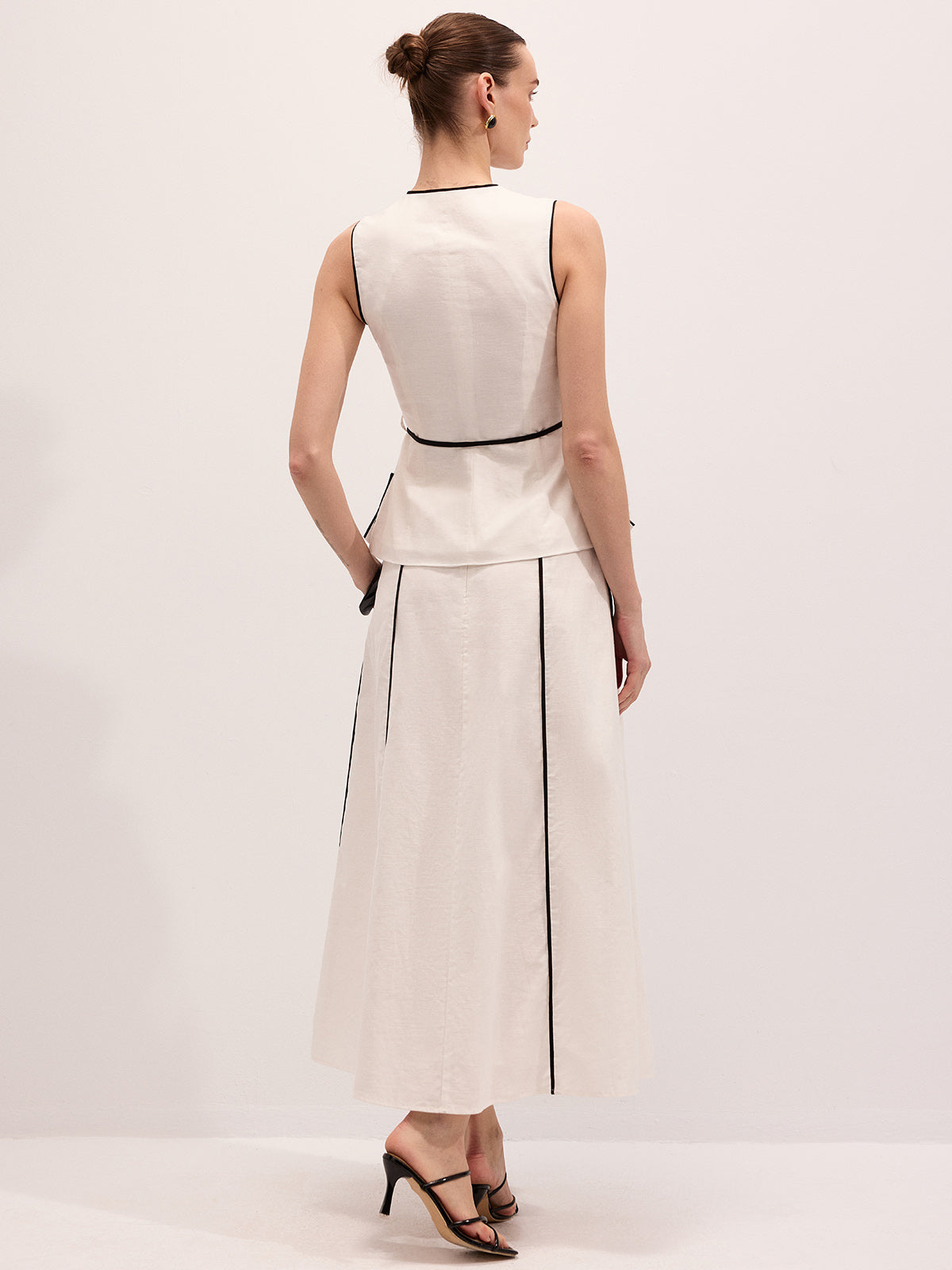 Cotton Linen Contrast Piping Top & Maxi Skirt Set