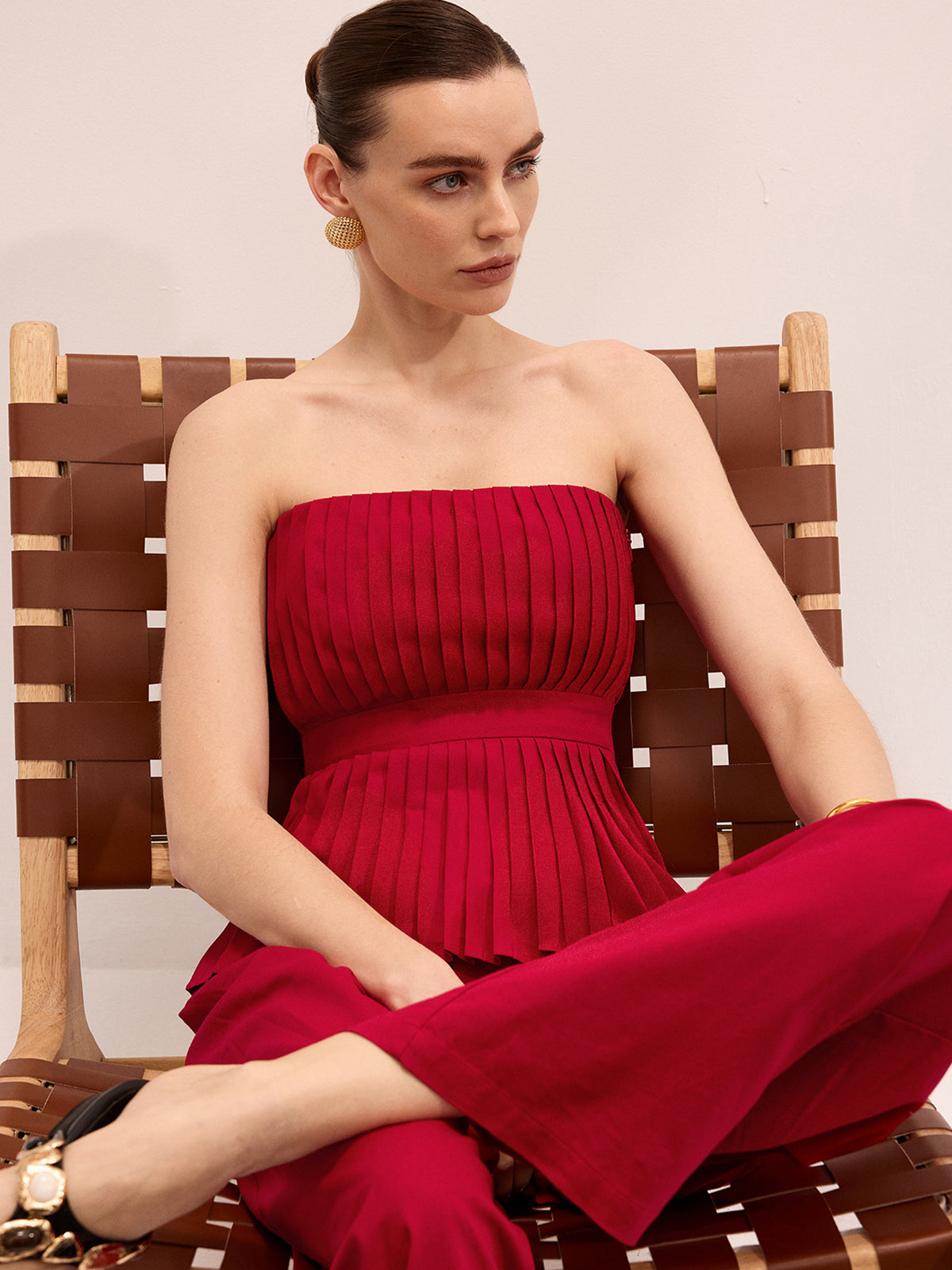 Strapless Pleated Linen Blend Top & Pants Set