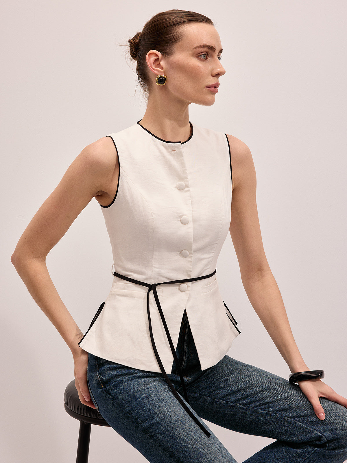 Cotton Linen Contrast Piping Top & Maxi Skirt Set