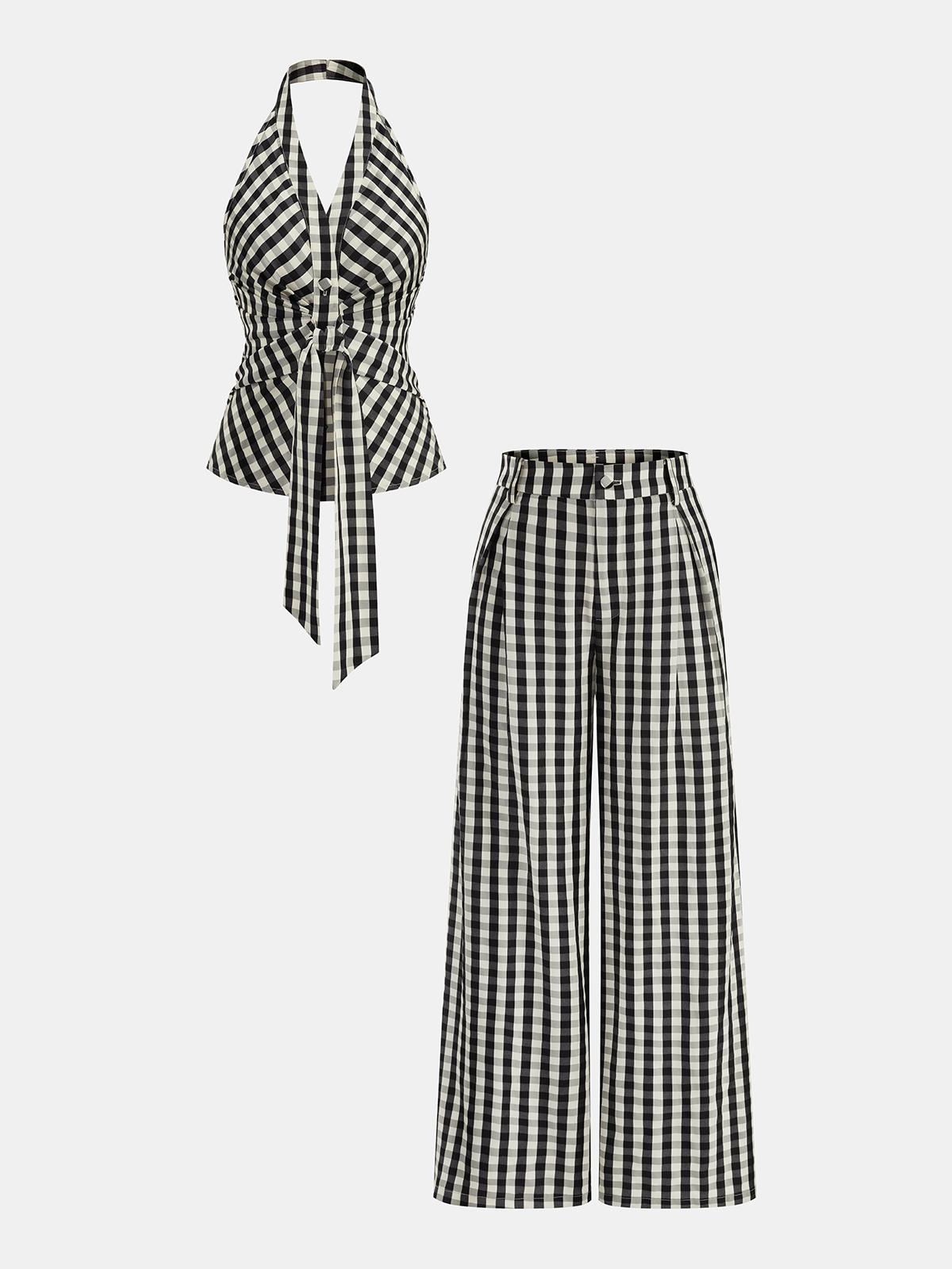 Gingham Halter Tie-Waist Top & Pants Set