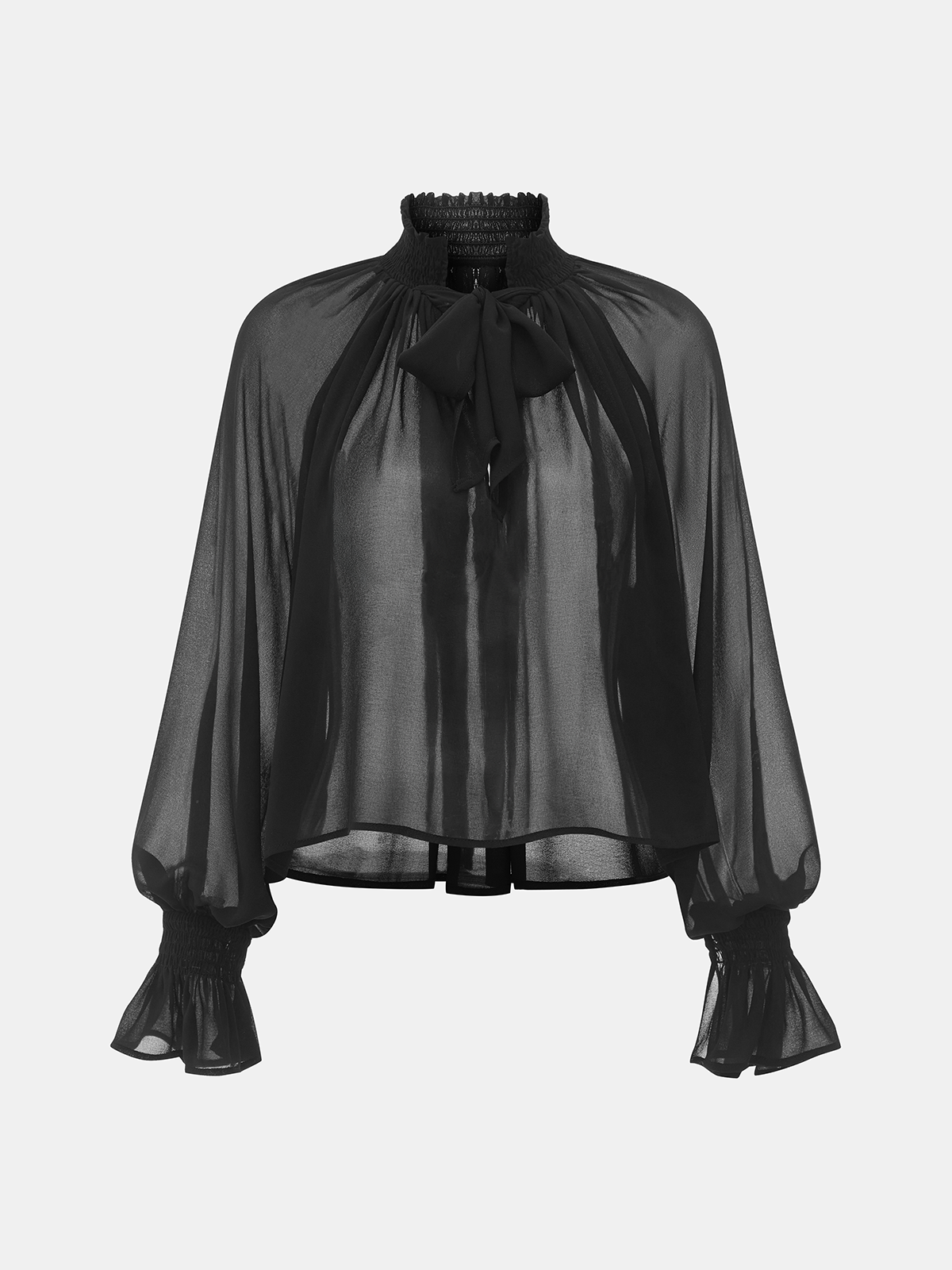 Bow Tie Smocked Sheer Flared Cuff Blouse