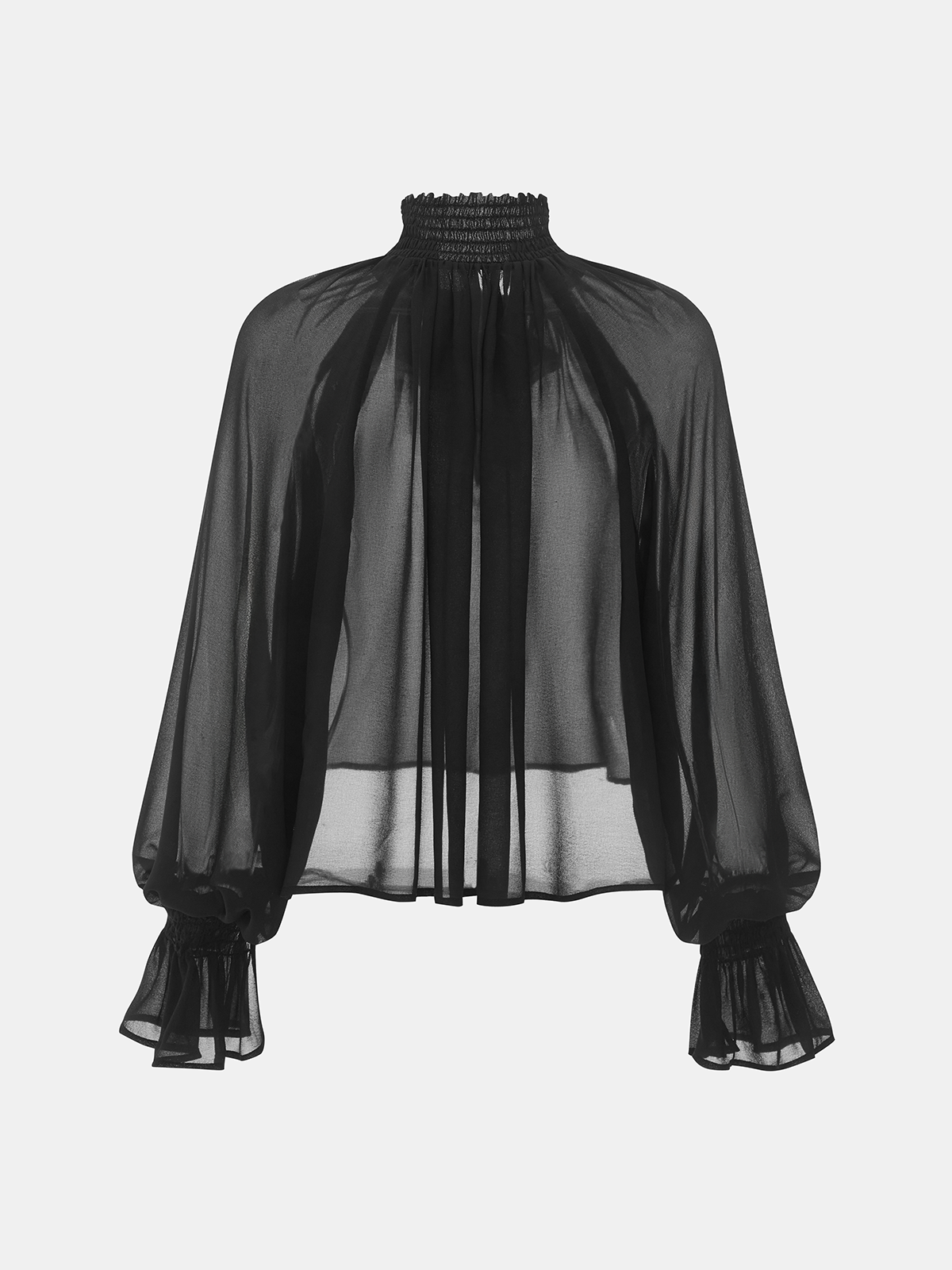 Bow Tie Smocked Sheer Flared Cuff Blouse