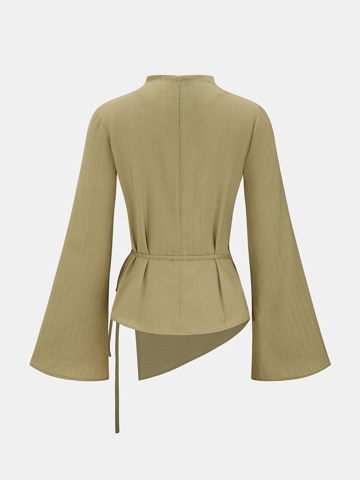Tie-Waist Textured Stand-Collar Bell-Sleeve Blouse