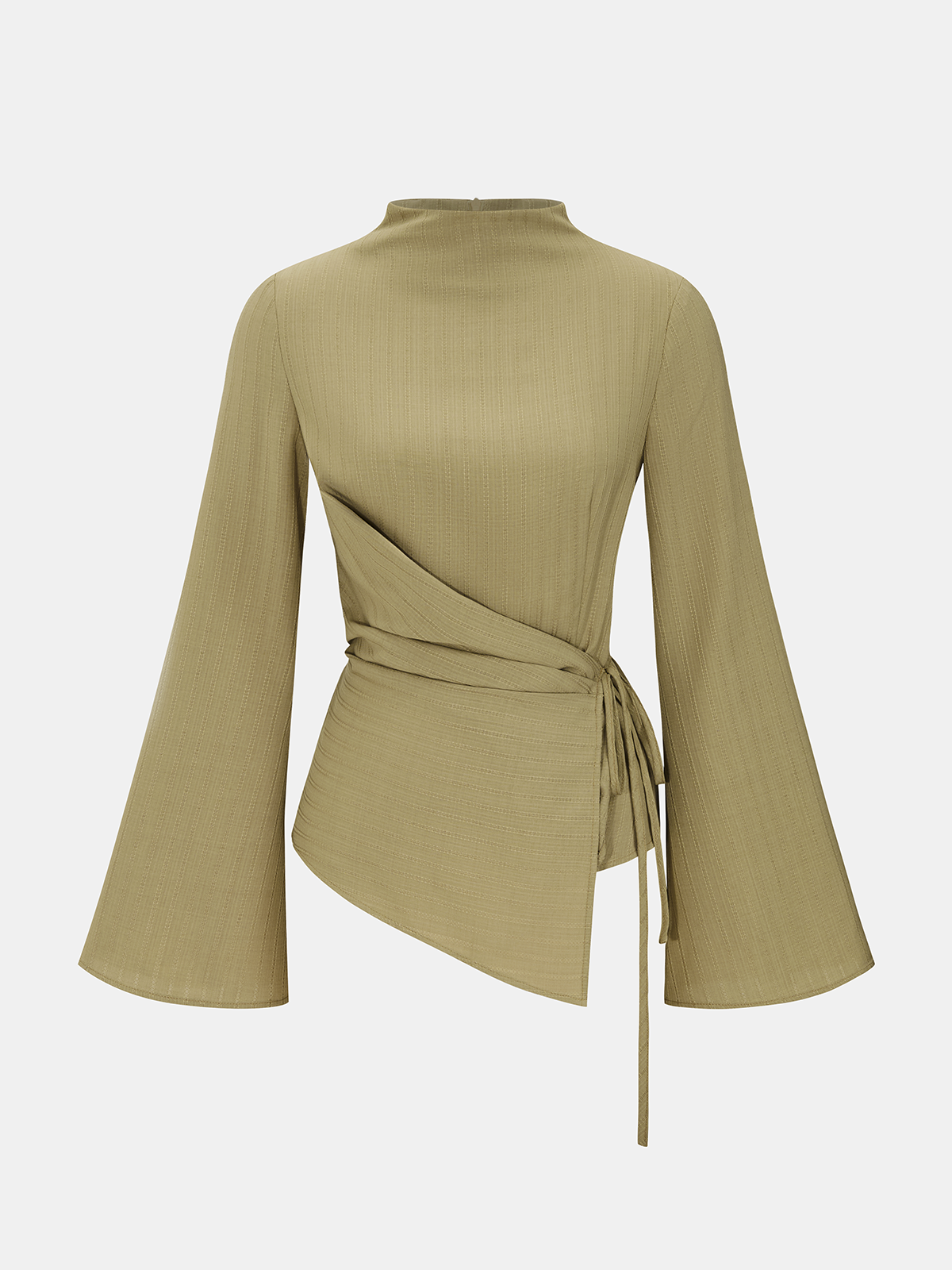 Tie-Waist Textured Stand-Collar Bell-Sleeve Blouse