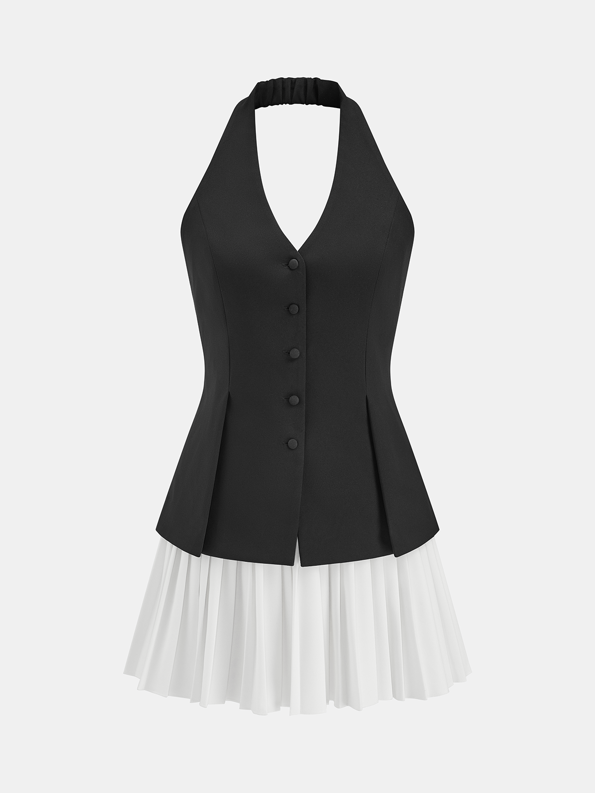 Halter Buttoned Vest & Pleated Mini Skirt Set
