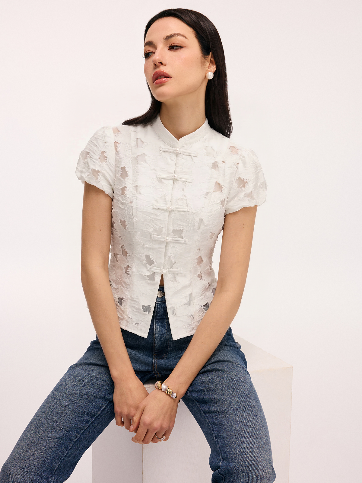 Frog Button Mandarin Collar Textured Blouse