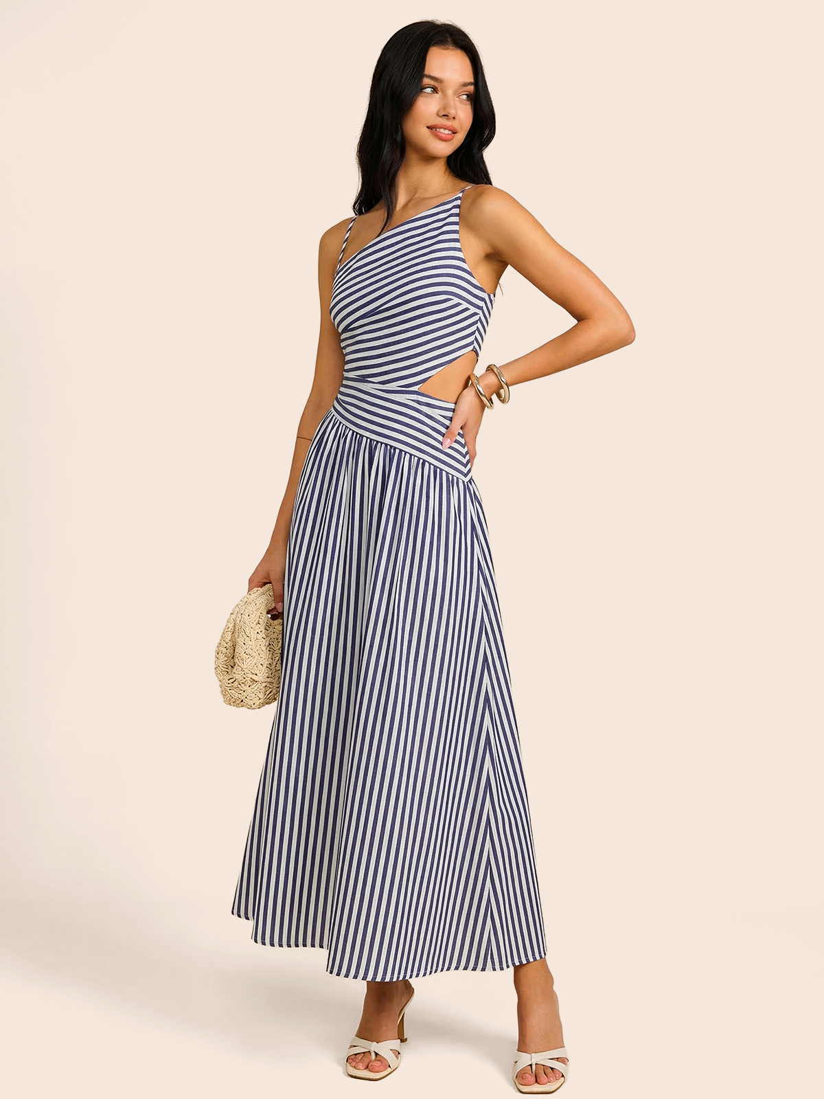 Gestreiftes Cut-Out Asymmetrisches Cami Maxikleid