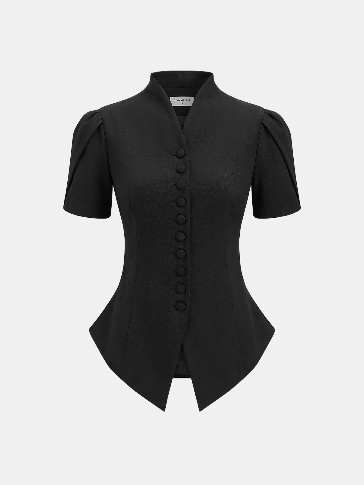Short Sleeve Stand Collar Buttoned Slim Blouse