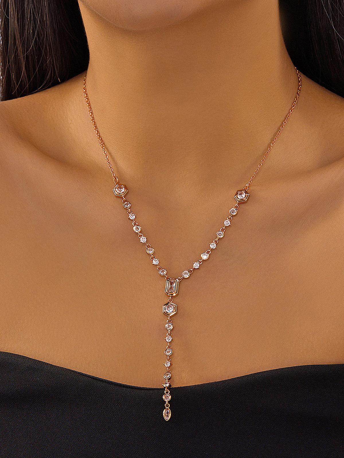Geometric Zircon Y-Drop Lariat Necklace