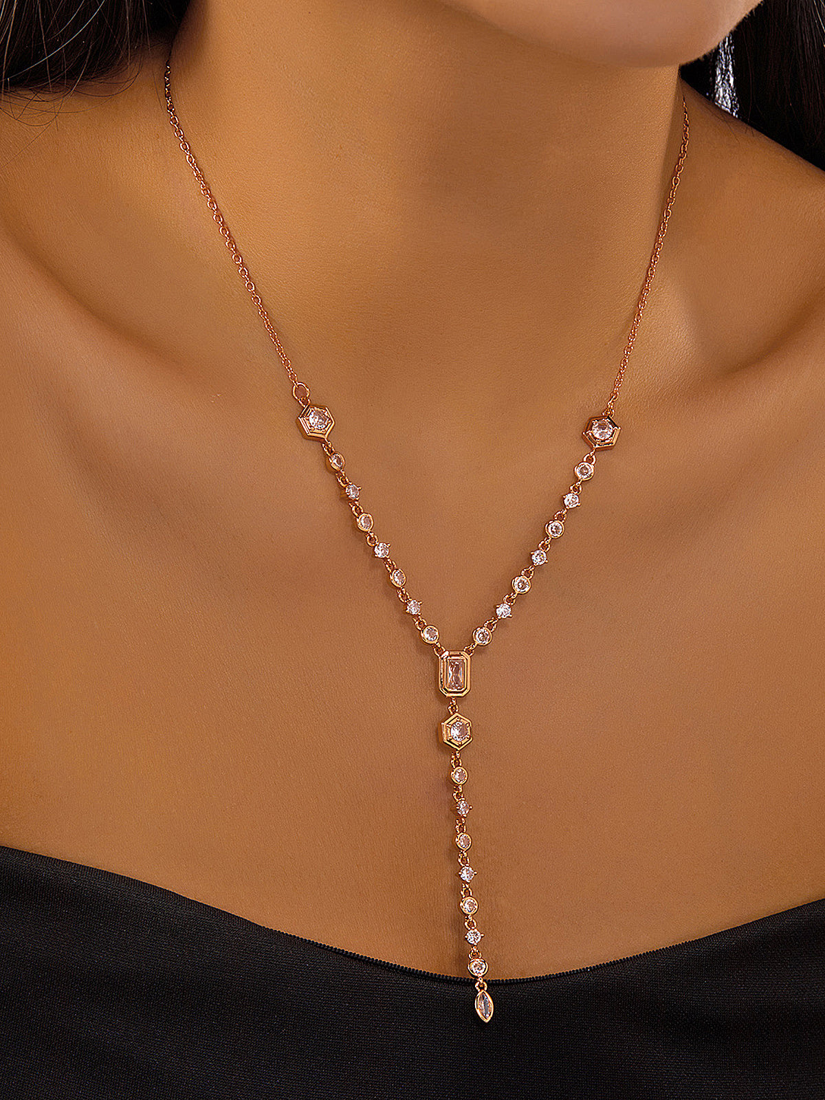 Geometric Zircon Y-Drop Lariat Necklace