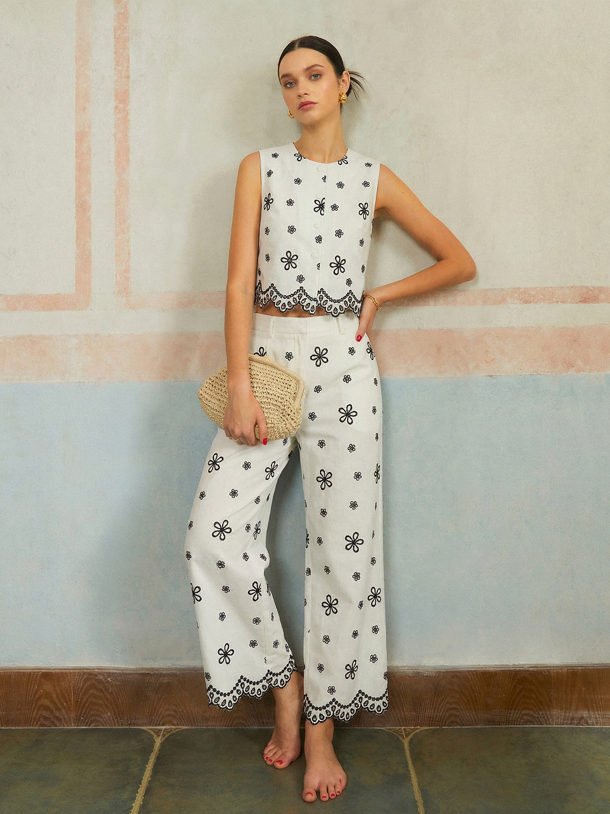 Besticktes Blumen-Baumwoll-Oberteil & Hose Set