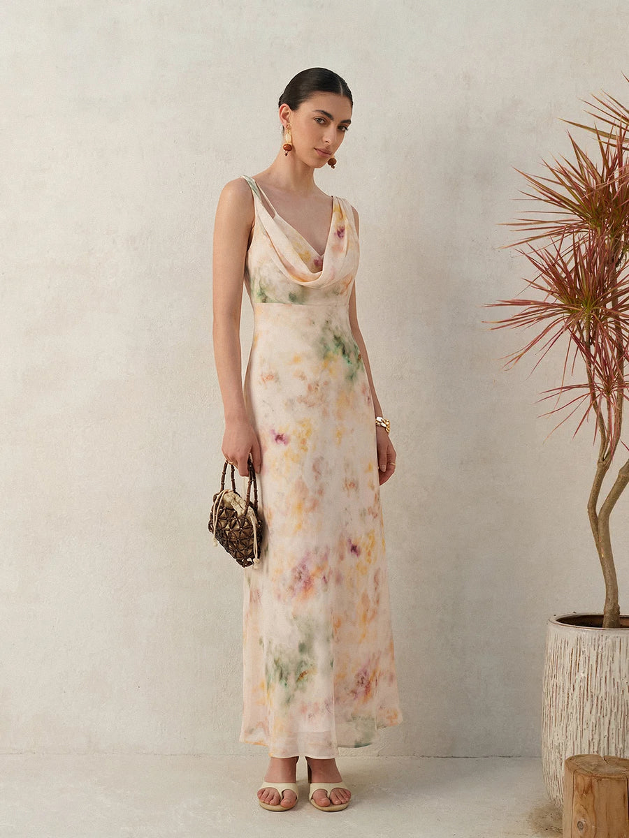 Batik Maxikleid mit Wasserfallausschnitt und ohne Ärmel