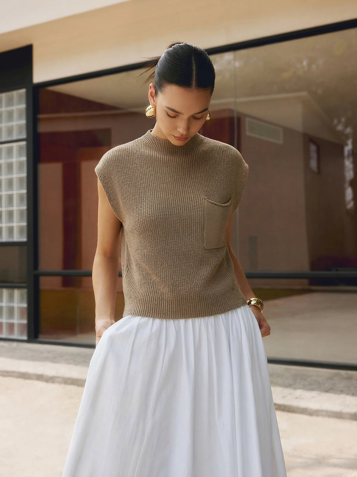 Sleeveless Mock Neck Pocket Knit Top