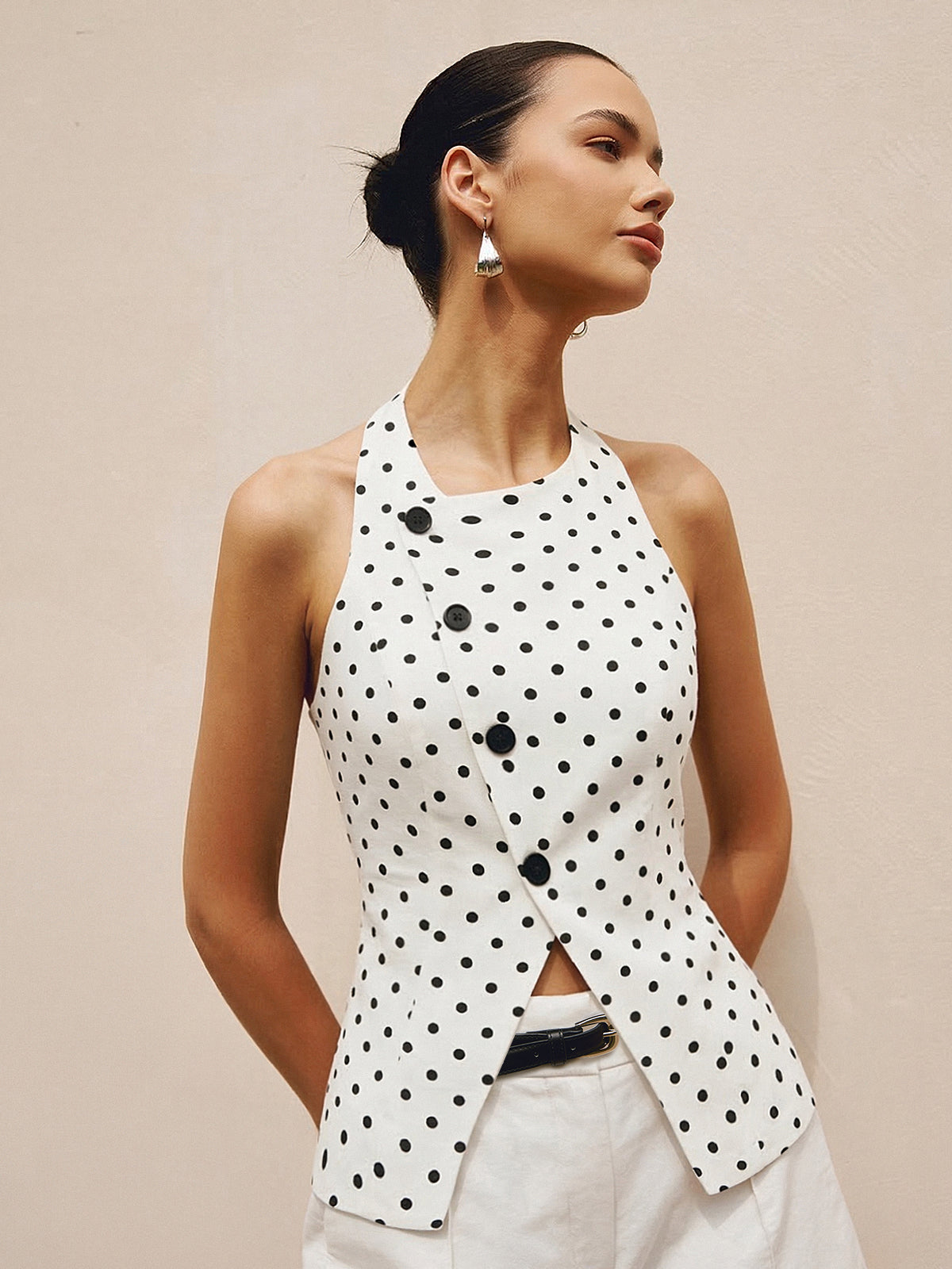 Polka Dot Halter Decorative Button Tie-Back Top