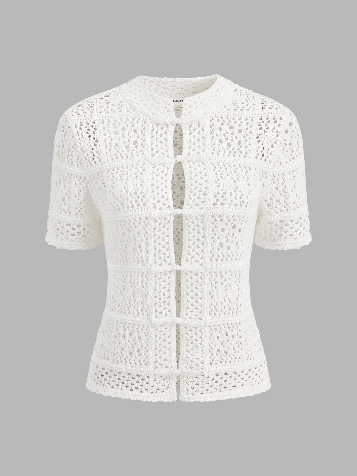 Haut à manches courtes en tricot/crochet avec brandebourg en forme de grenouille