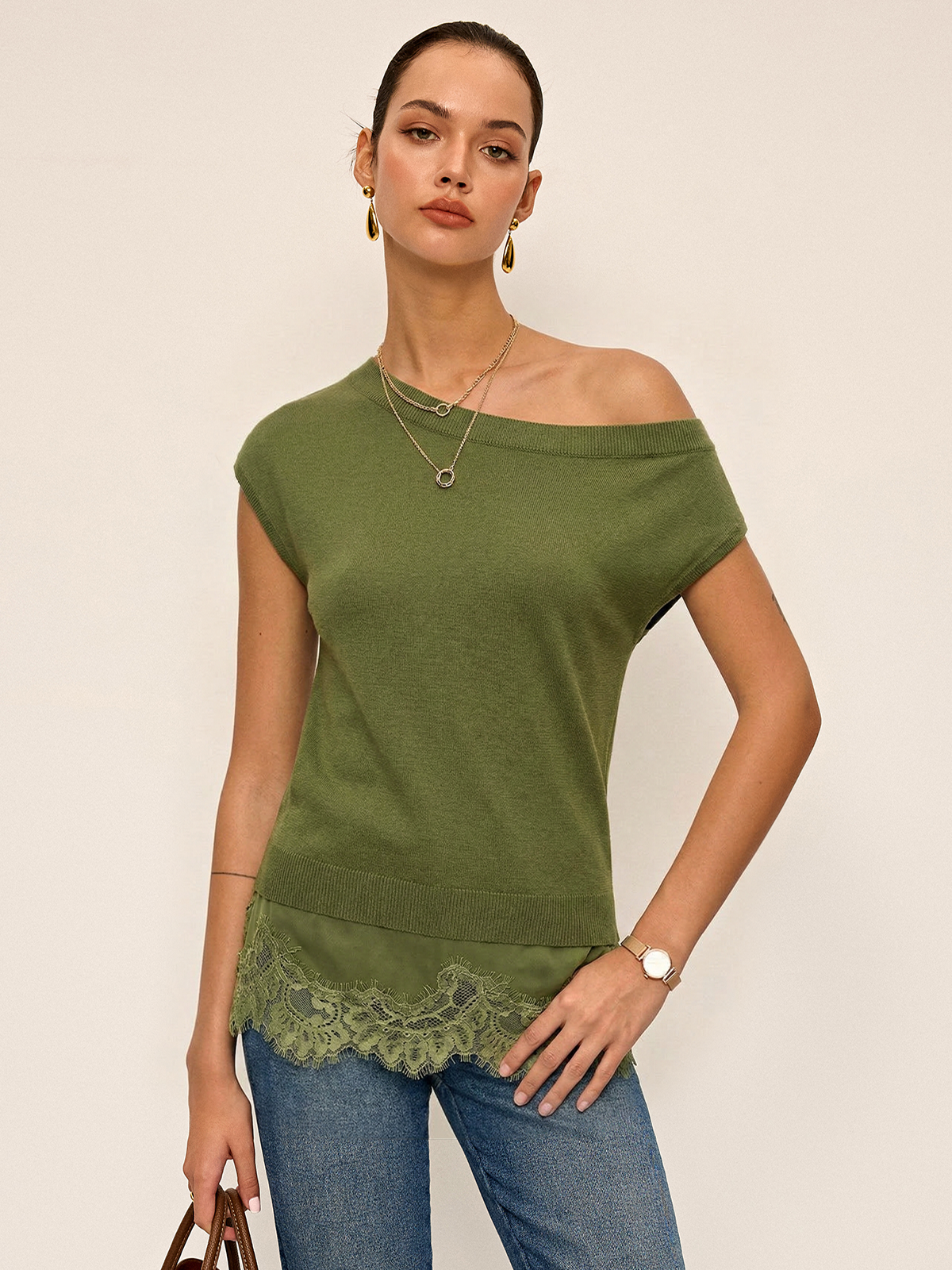 Off Shoulder Lace Hem Knit Top
