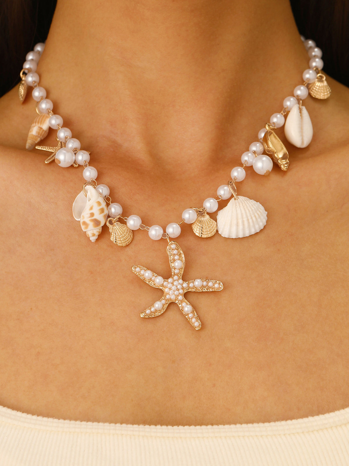 Starfish Shell Pearl Charm Necklace