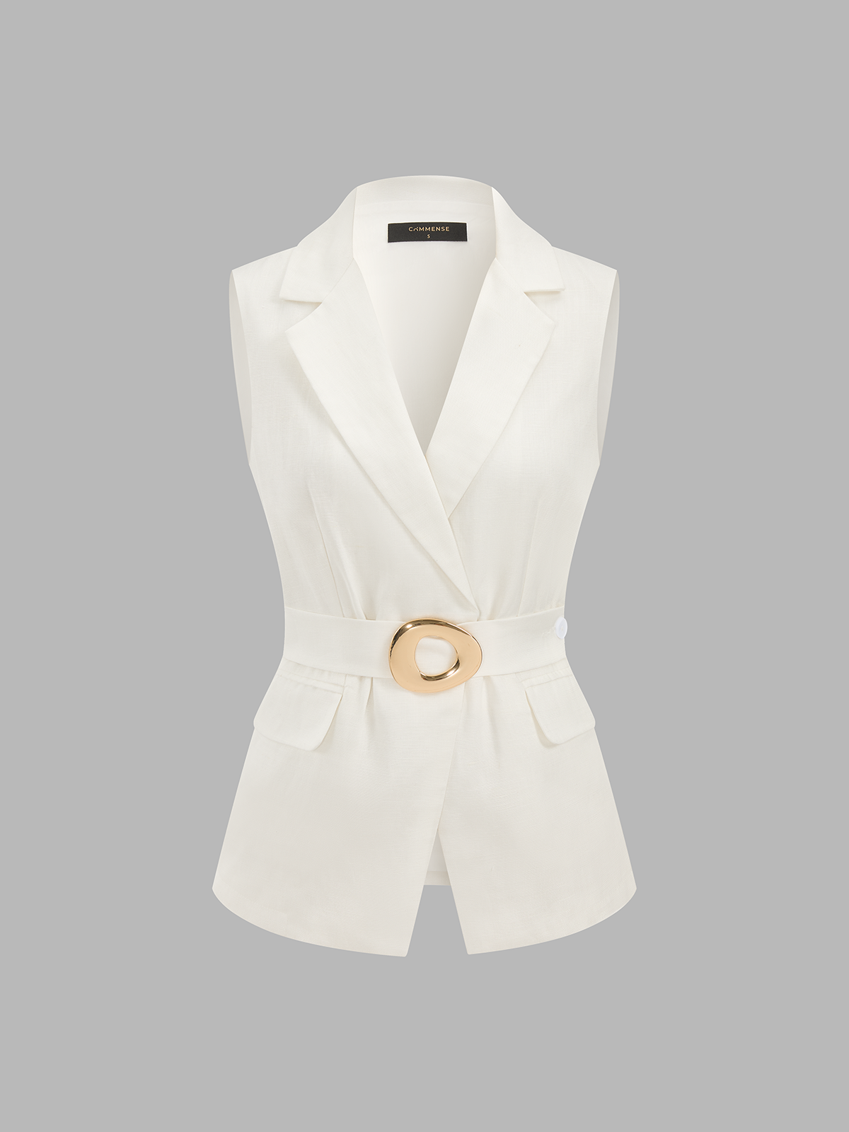Metal Buckle Linen Blend Sleeveless Blazer Vest