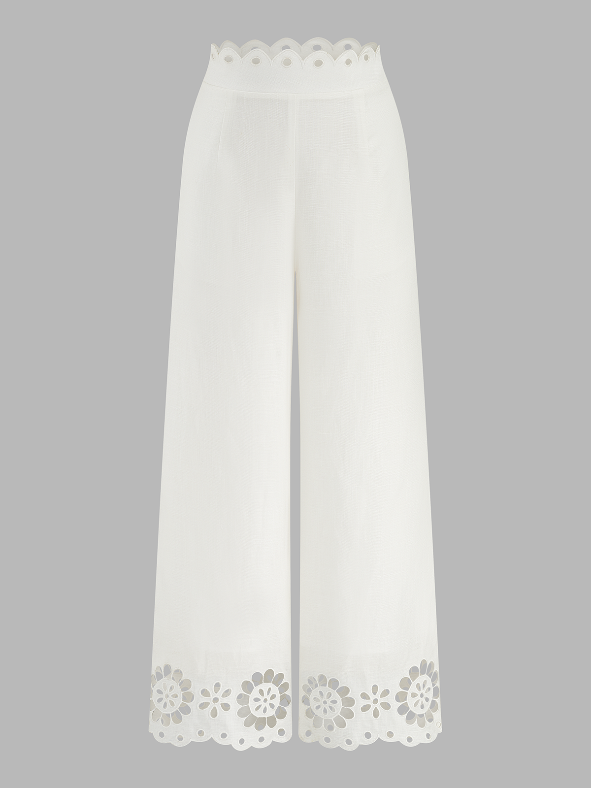 Scalloped Eyelet Linen Blend Wide Leg Pants