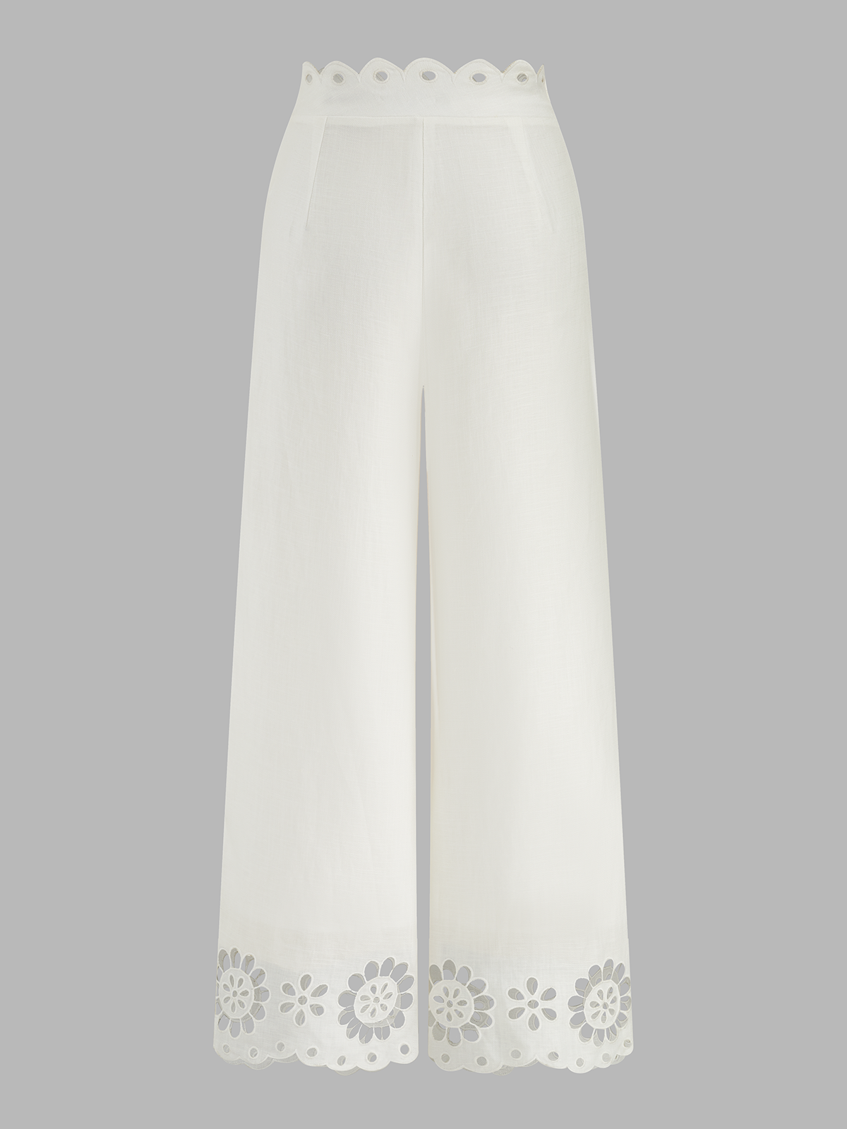Scalloped Eyelet Linen Blend Wide Leg Pants