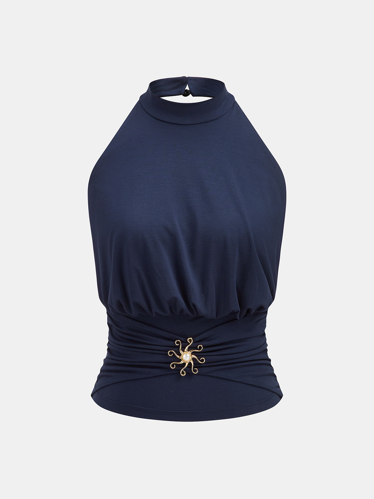 Pearl Embellished Ruched Halter Tank Top