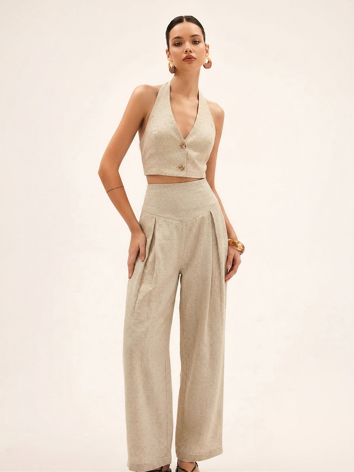 Set aus Neckholder-Crop-Top und Hose aus Leinenmischgewebe