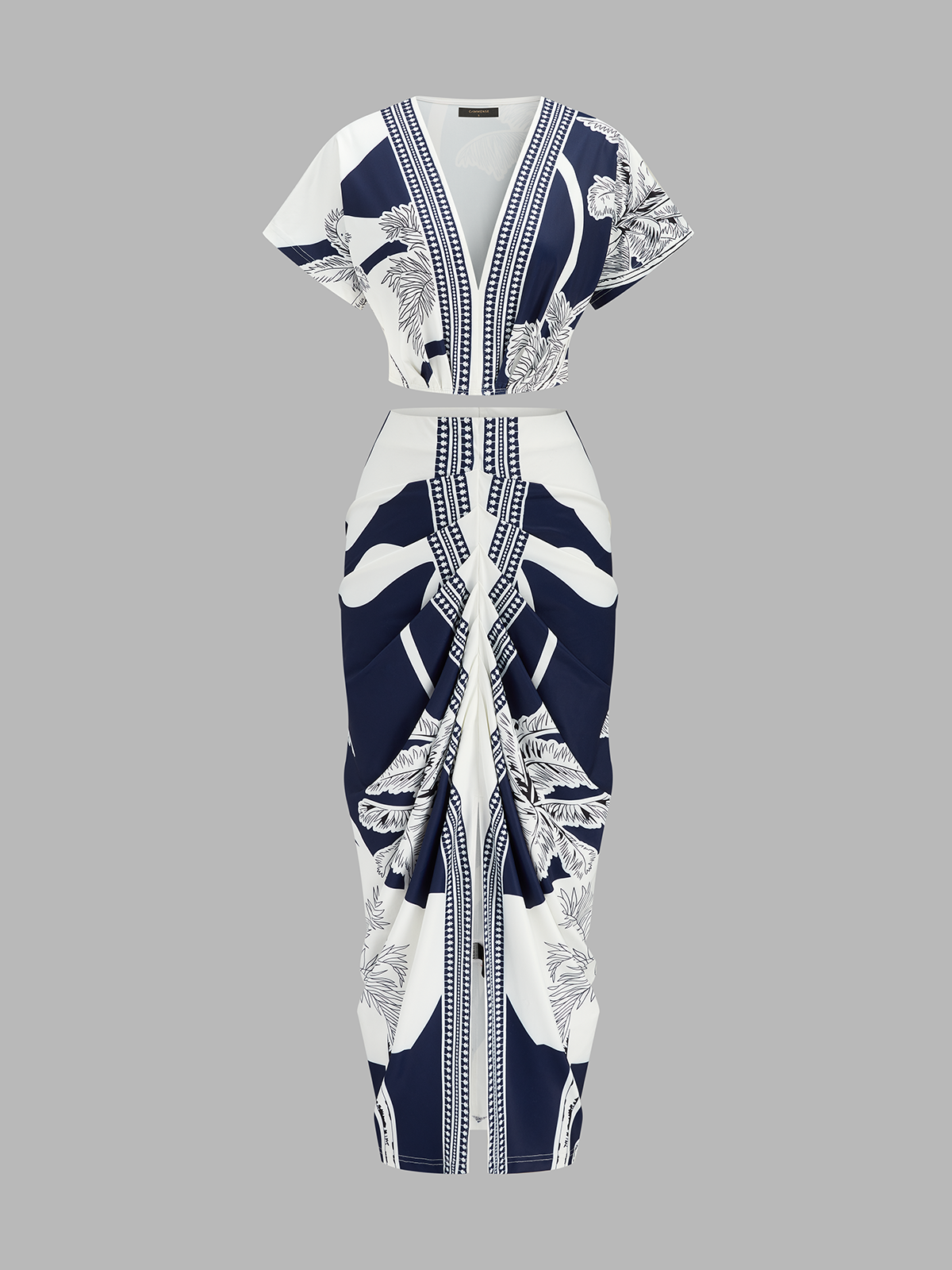 Printed V-Neck Top & Ruched Midi Skirt Set