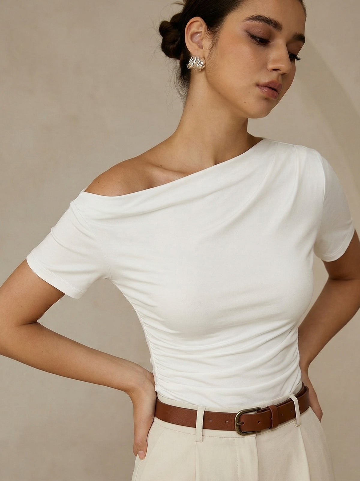 Ruched Off Shoulder Slim Short Sleeve Top