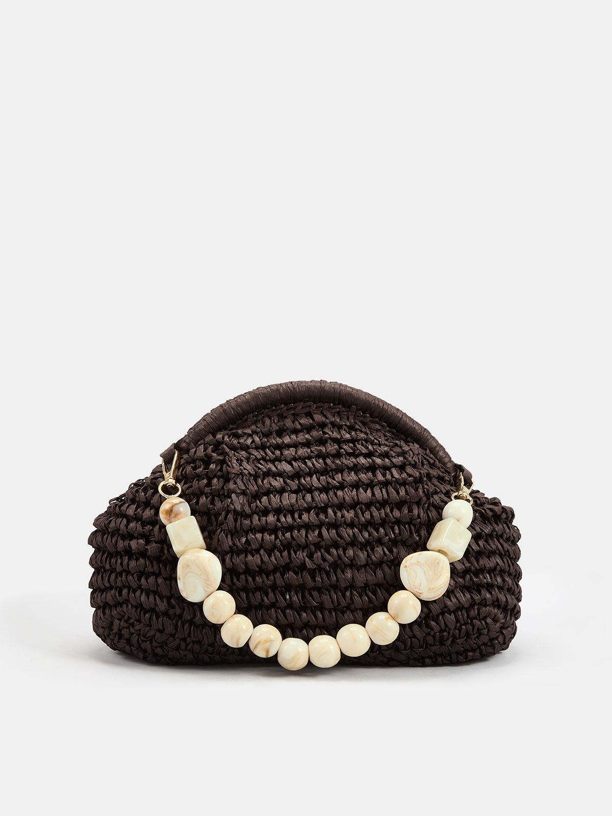 Marble Bead Chain Straw Woven Handbag